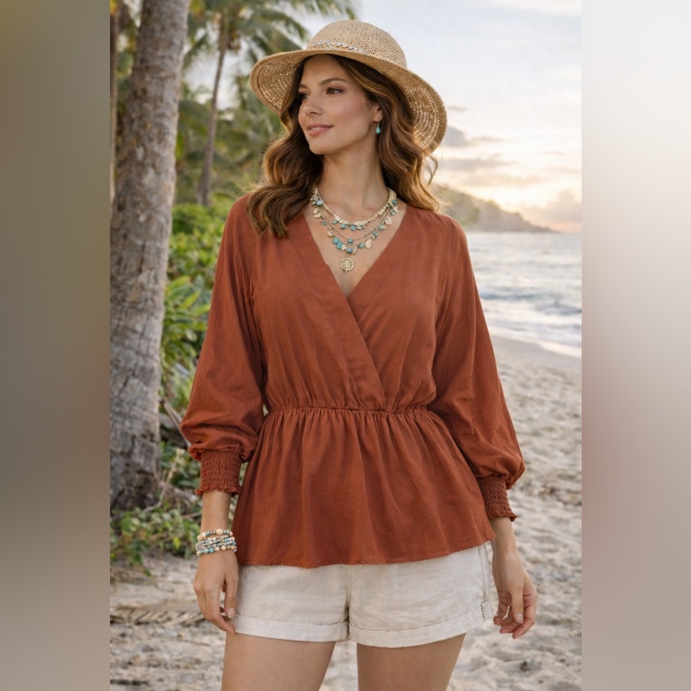 NWT Gorgeous silky clay long-sleeve v-neck tunic blouse Small